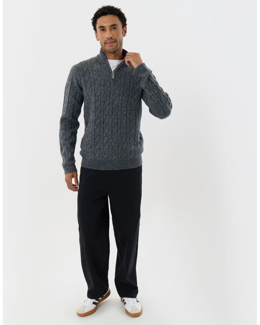 Threadbare Gray Cable Knit Quarter Zip Jumper for men