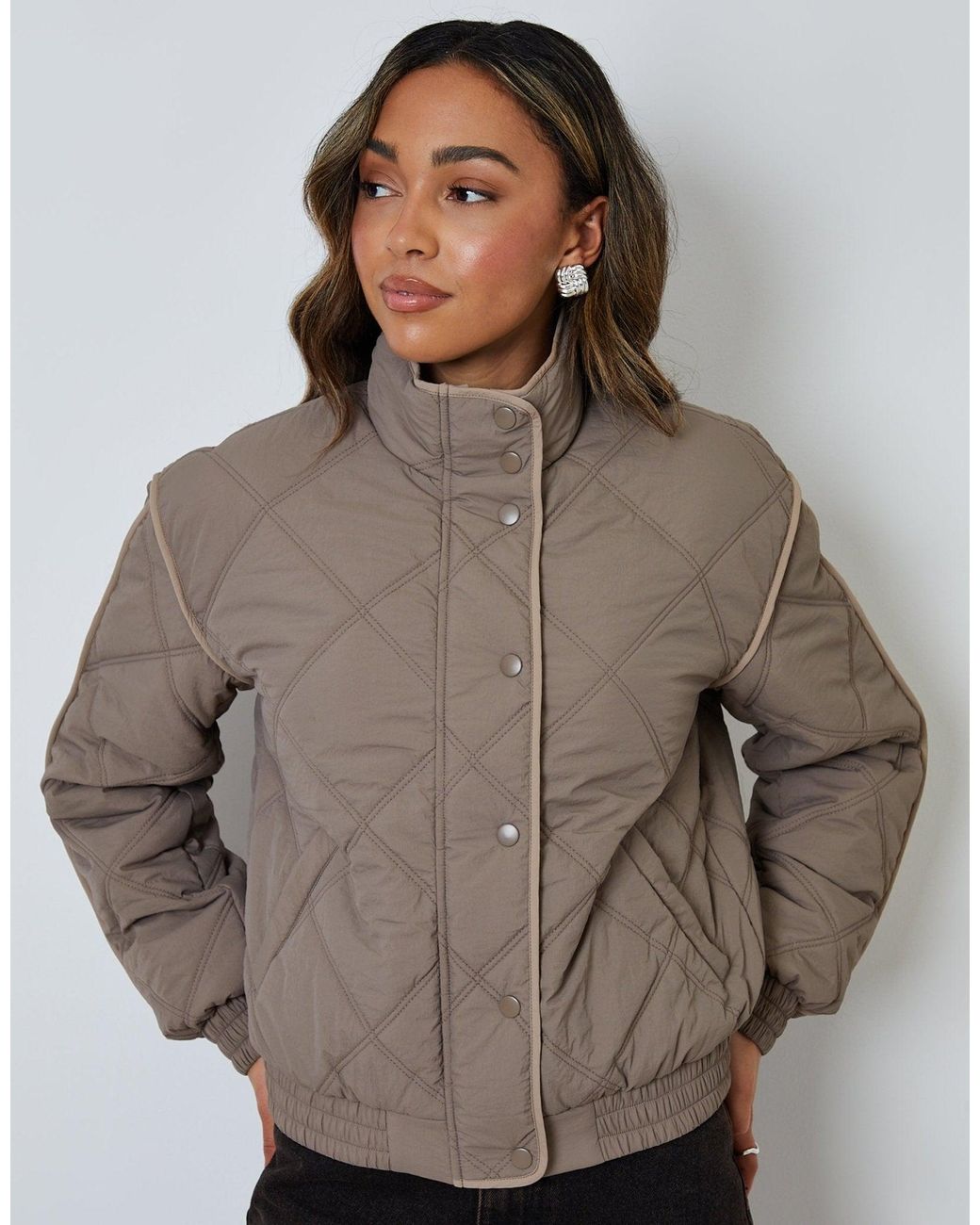 Threadbare Brown Quilted Funnel Neck Bomber Jacket