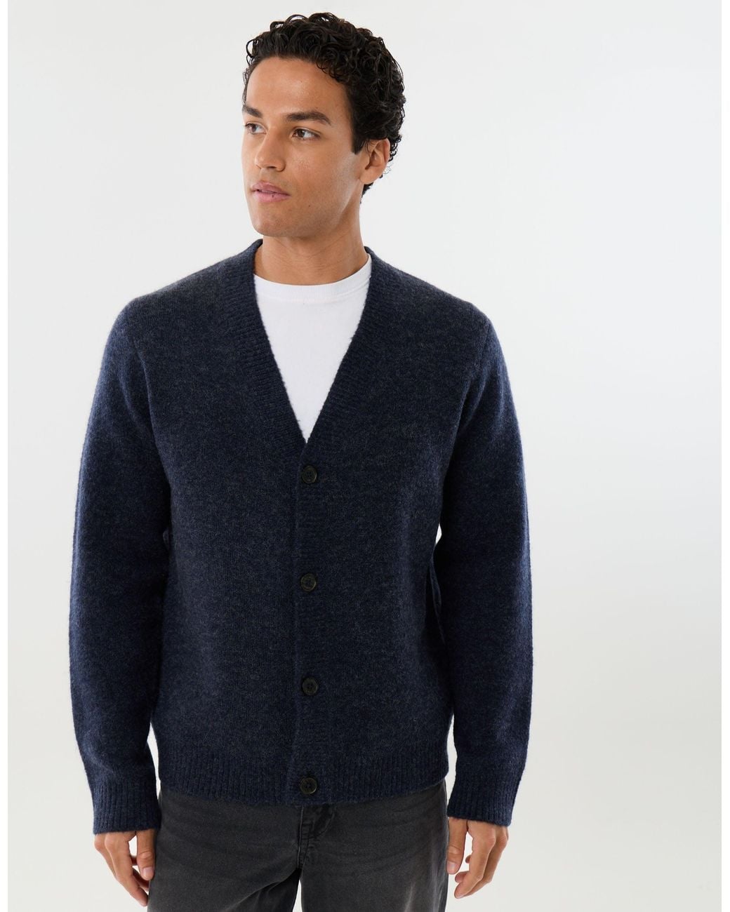 Threadbare Blue Relaxed Fit Wool Blend V Neck Cardigan for men