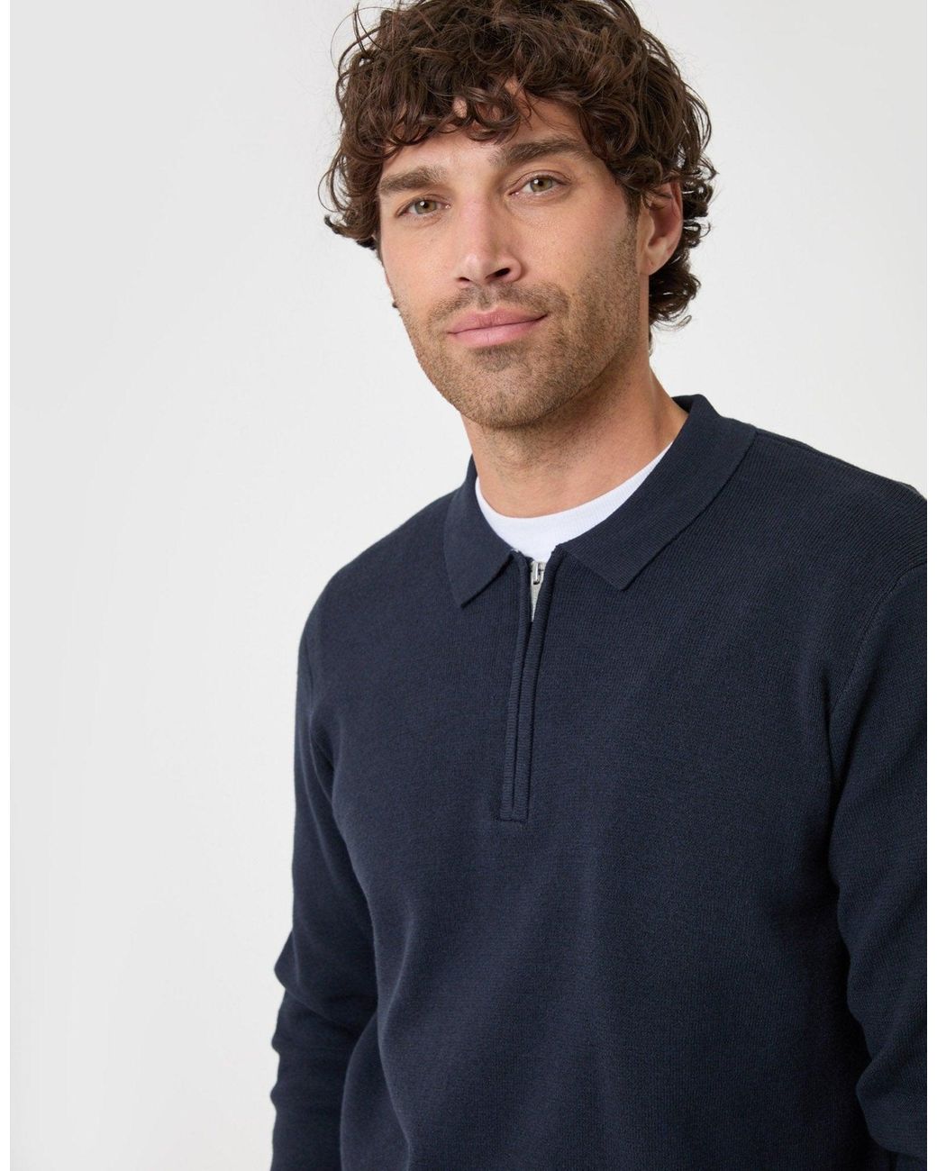 Threadbare Blue Cotton Rich Quarter Zip Long Sleeve Polo for men
