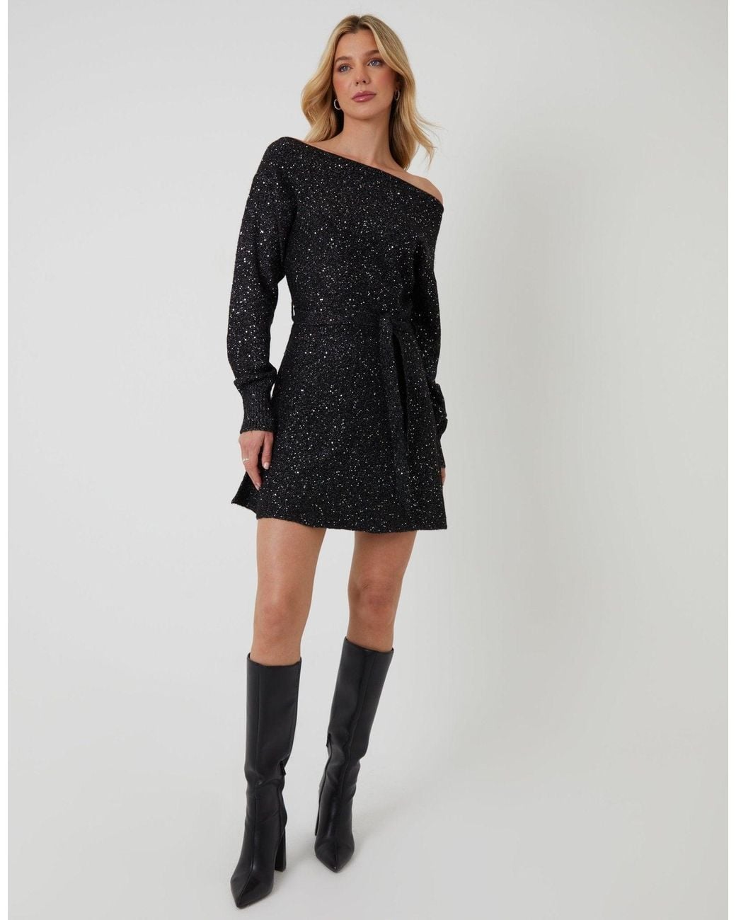 Threadbare Black Knitted Sequin Slash Neck Mini Dress