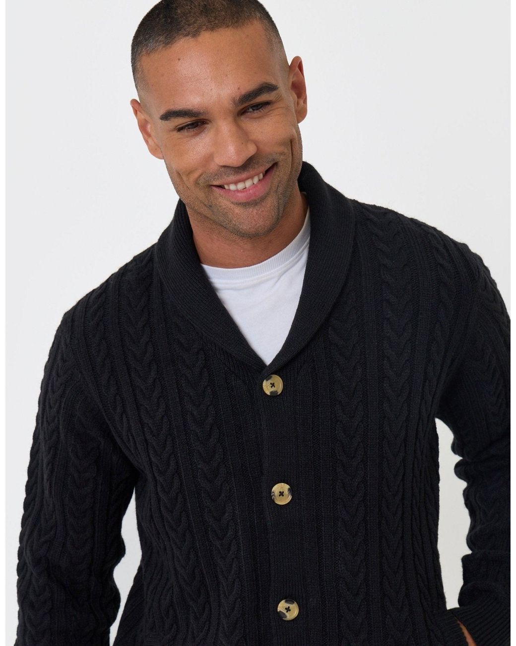 Threadbare Black Cable Knit Shawl Cardigan for men