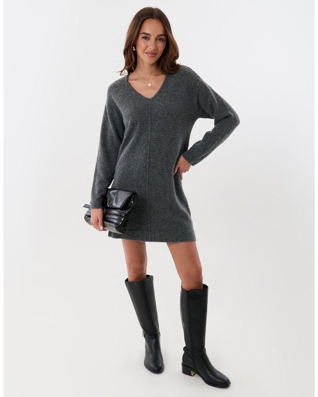 Threadbare Black Knitted V Neck Mini Dress