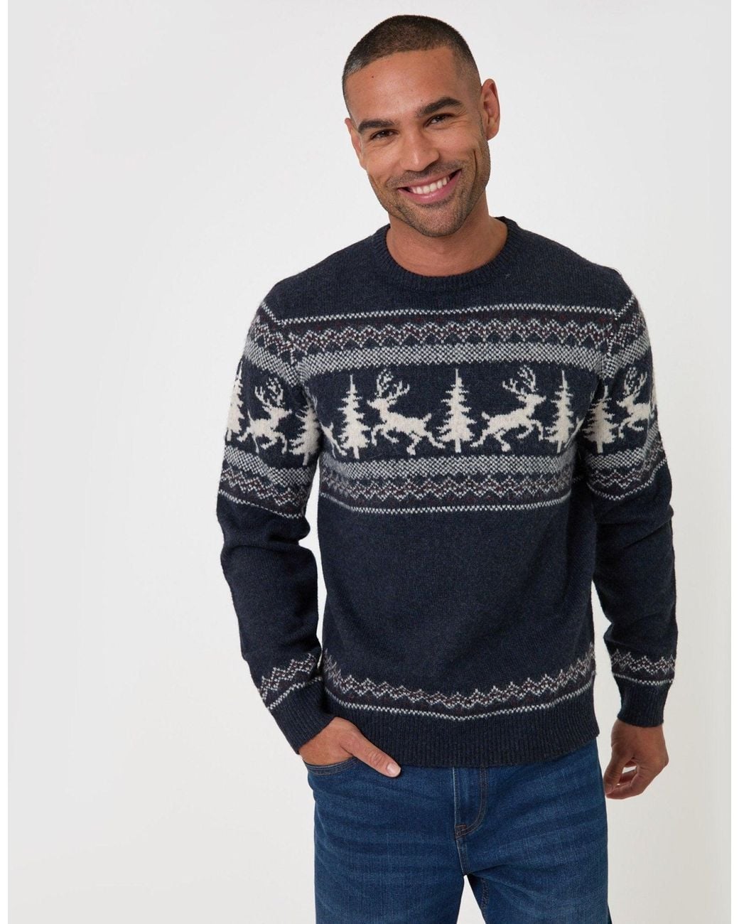 Threadbare Blue Reindeer Forest Fairisle Christmas Jumper for men