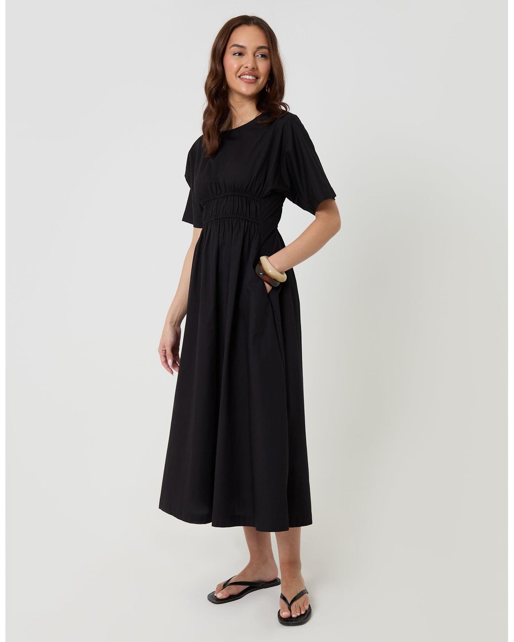 Threadbare Black Elasticated Waist Cotton Poplin Midi Dress