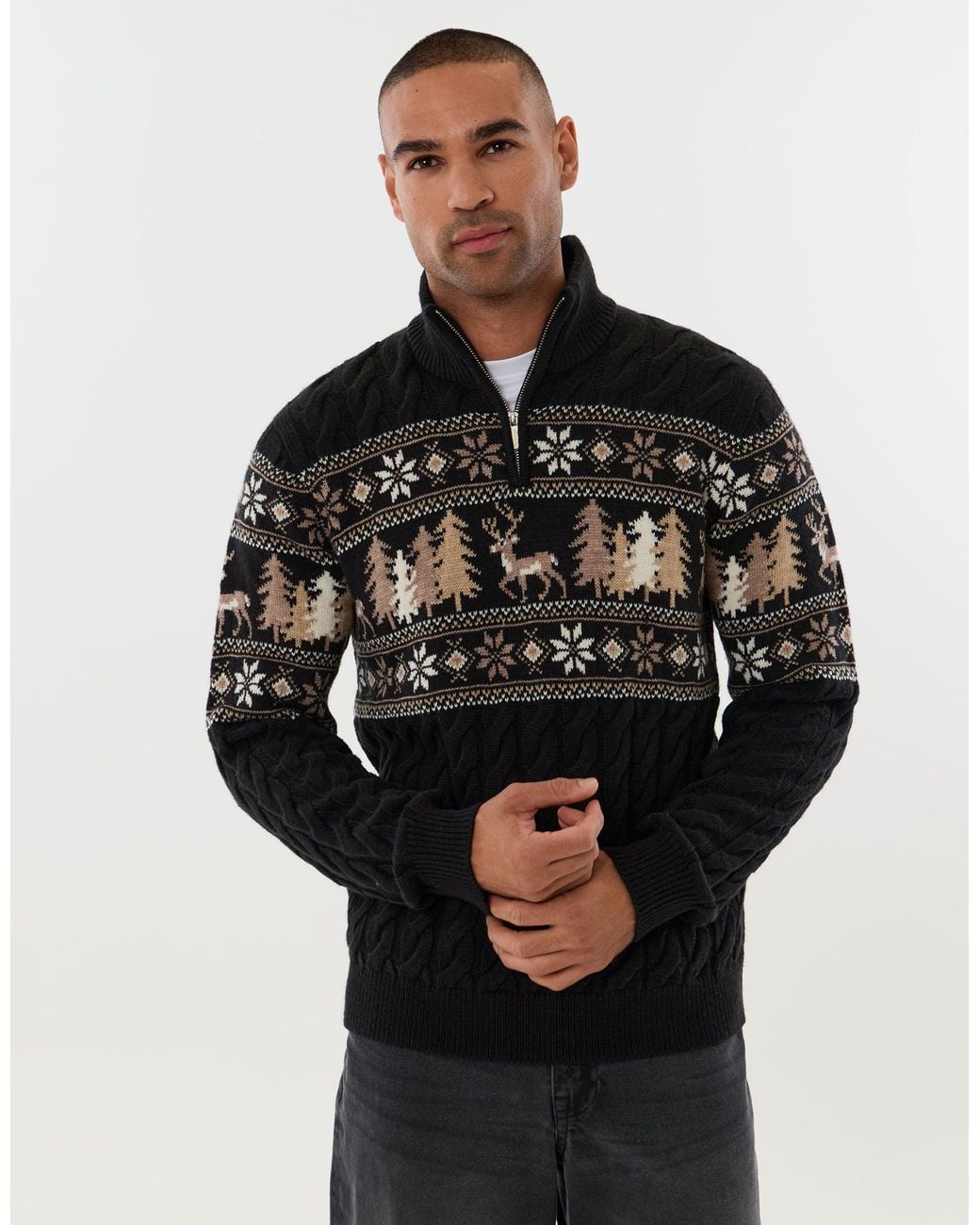 Threadbare Black Reindeer Forest Fairisle Quarter Zip Christmas Jumper for men