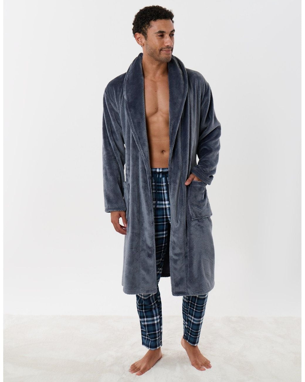 Threadbare Blue Textured Fleece Dressing Gown for men