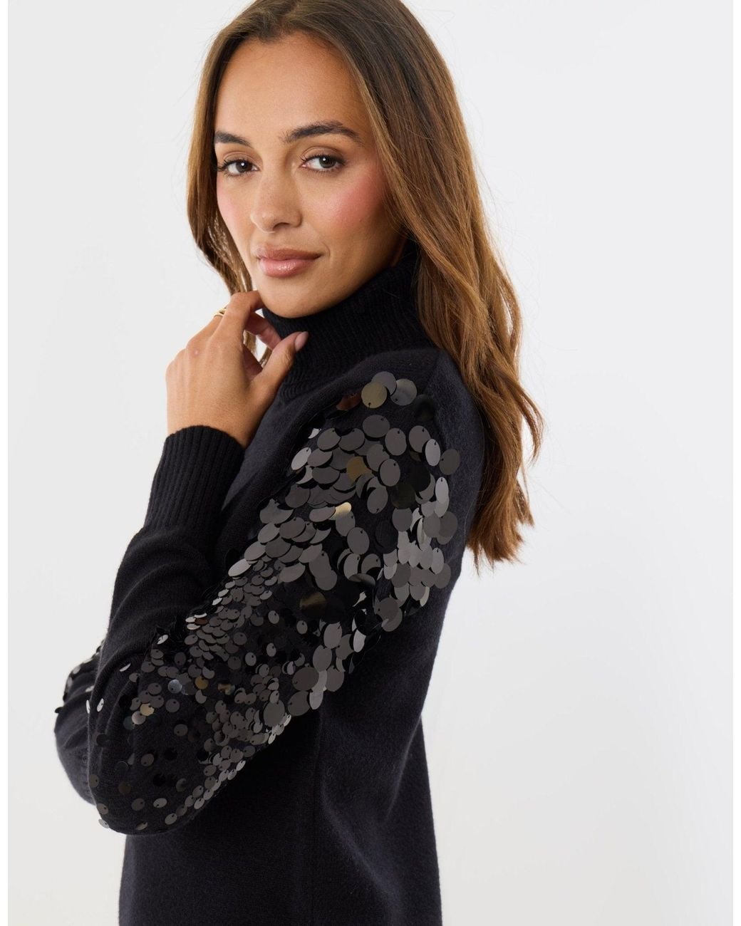 Threadbare Black Funnel Neck Jumper Dress With Sequin Sleeves