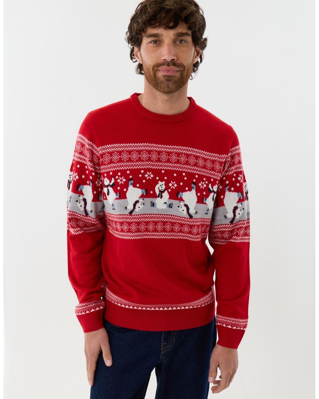 Threadbare Red Skating Bear Fairisle Christmas Jumper for men