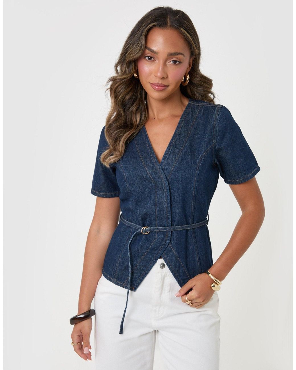 Threadbare Blue Denim Belted Short Sleeve Top