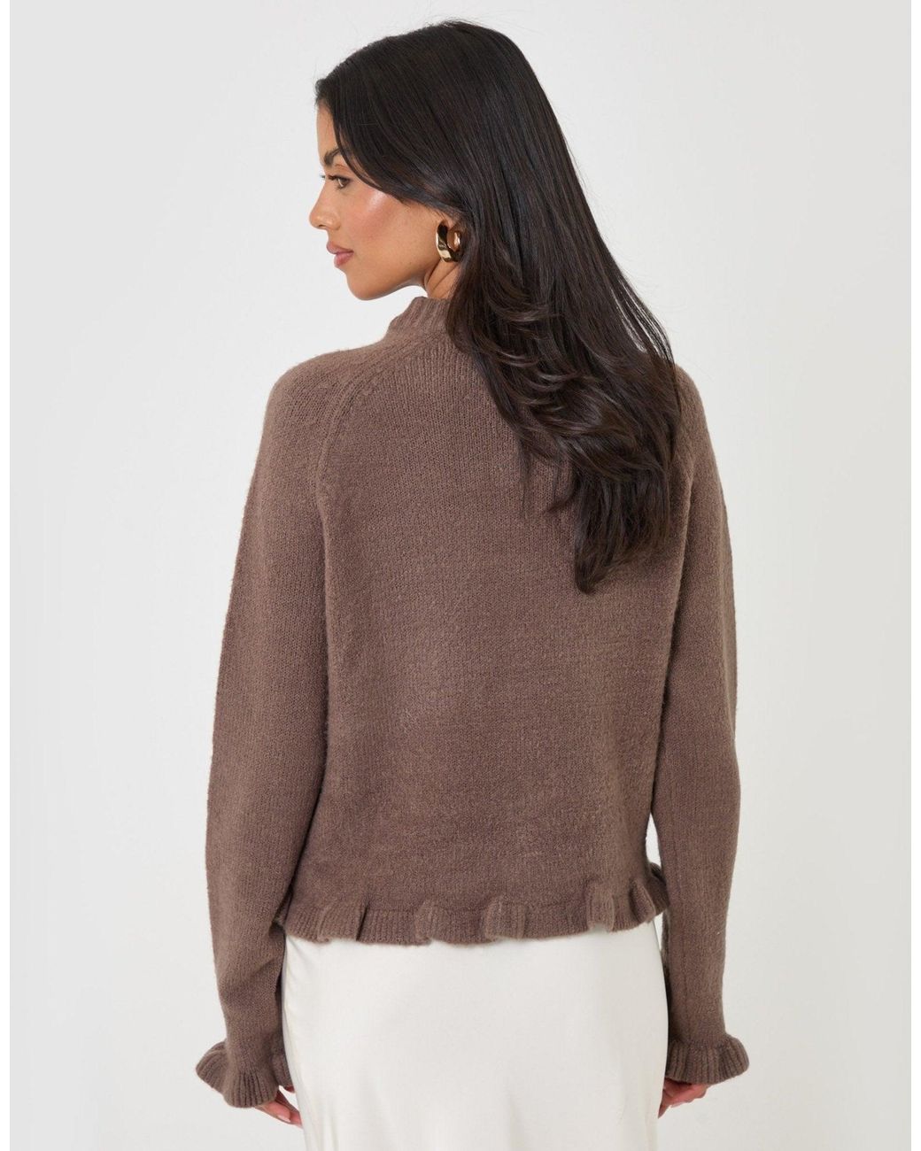 Threadbare Brown Crew Neck Ruffle Cardigan