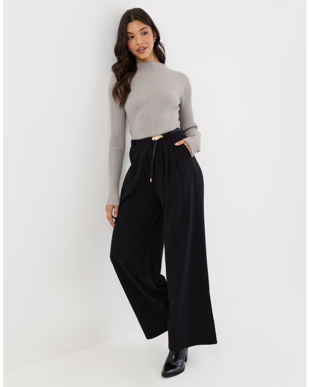 Threadbare White Petite Pleated Wide Leg Trousers