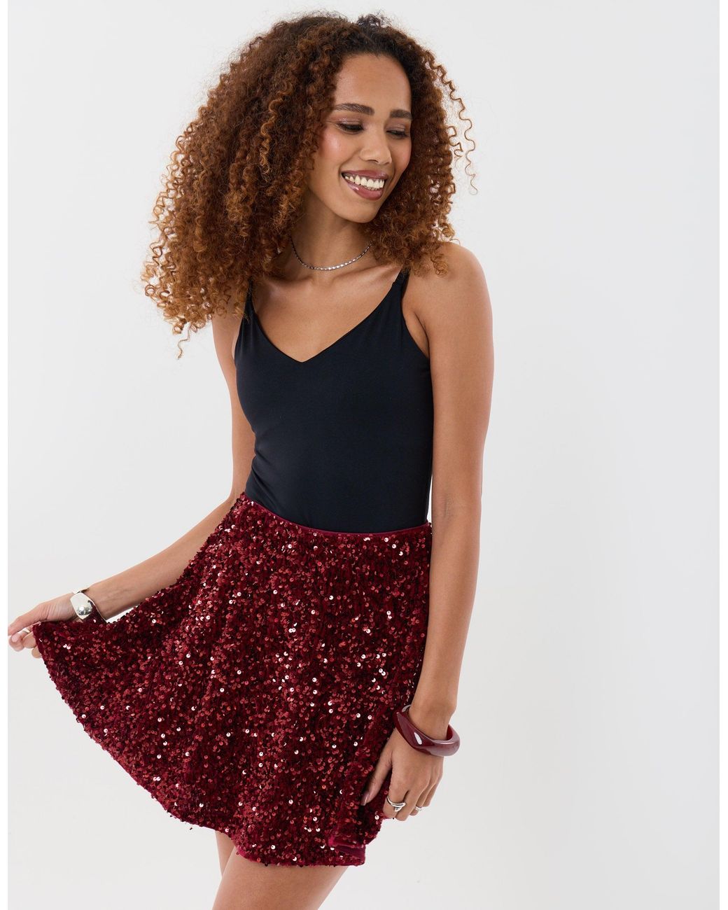 Threadbare Red Sequin Mini Swing Skirt