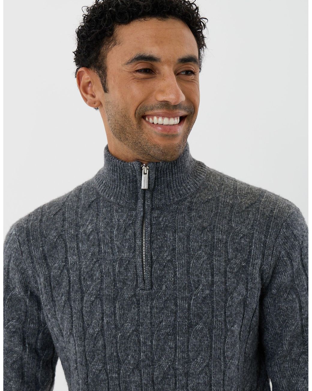 Threadbare Gray Cable Knit Quarter Zip Jumper for men