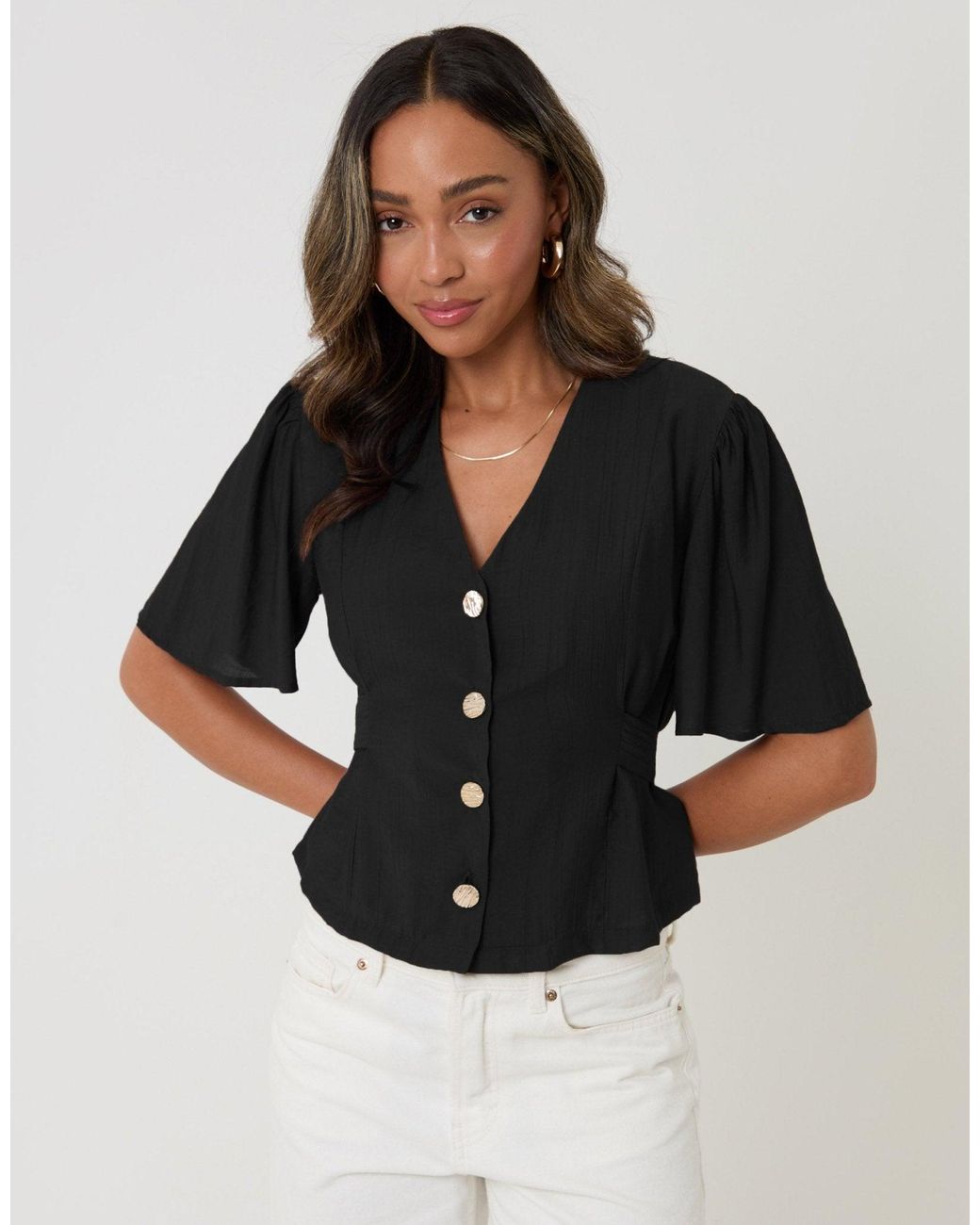 Threadbare Black Flutter Sleeves Top