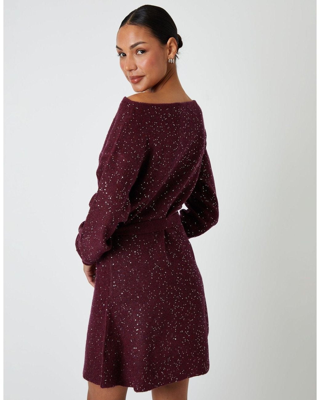 Threadbare Purple Knitted Sequin Slash Neck Mini Dress