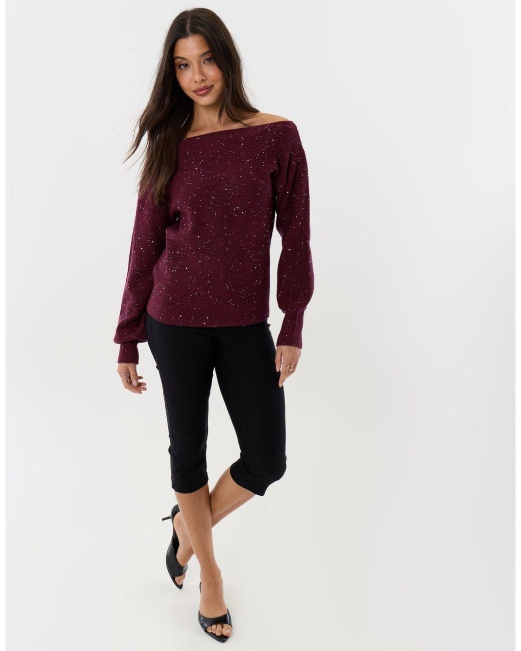 Threadbare Red Knitted Sequin Slash Neck Jumper