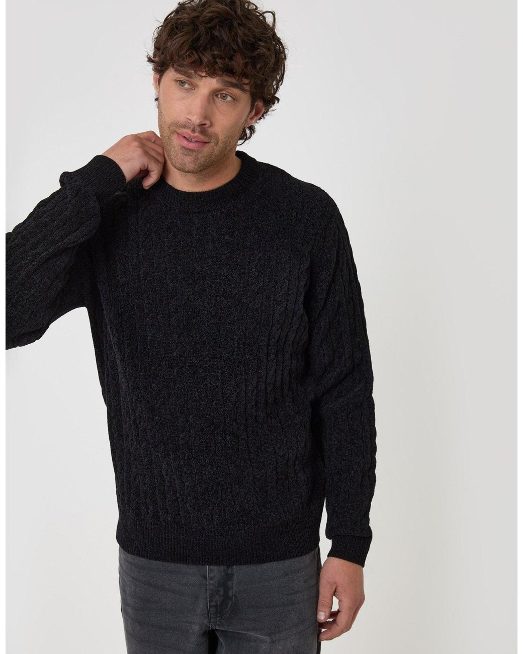 Threadbare Black Fluffy Cable Knit Crew Neck Jumper for men