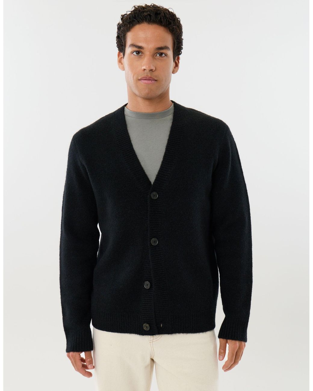 Threadbare Black Relaxed Fit Wool Blend V Neck Cardigan for men