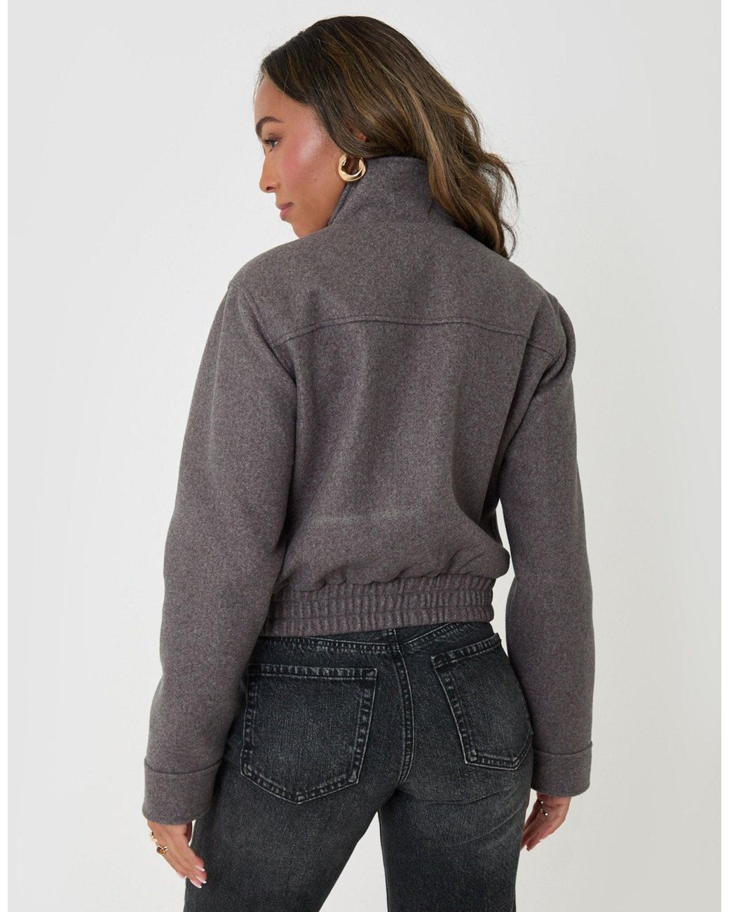Threadbare Gray Faux Wool Funnel Neck Bomber Jacket