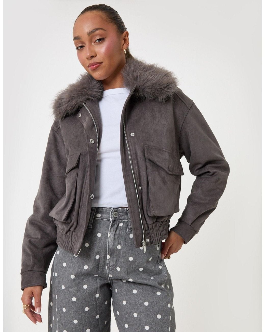 Threadbare Gray Faux Suede Fur Collared Jacket