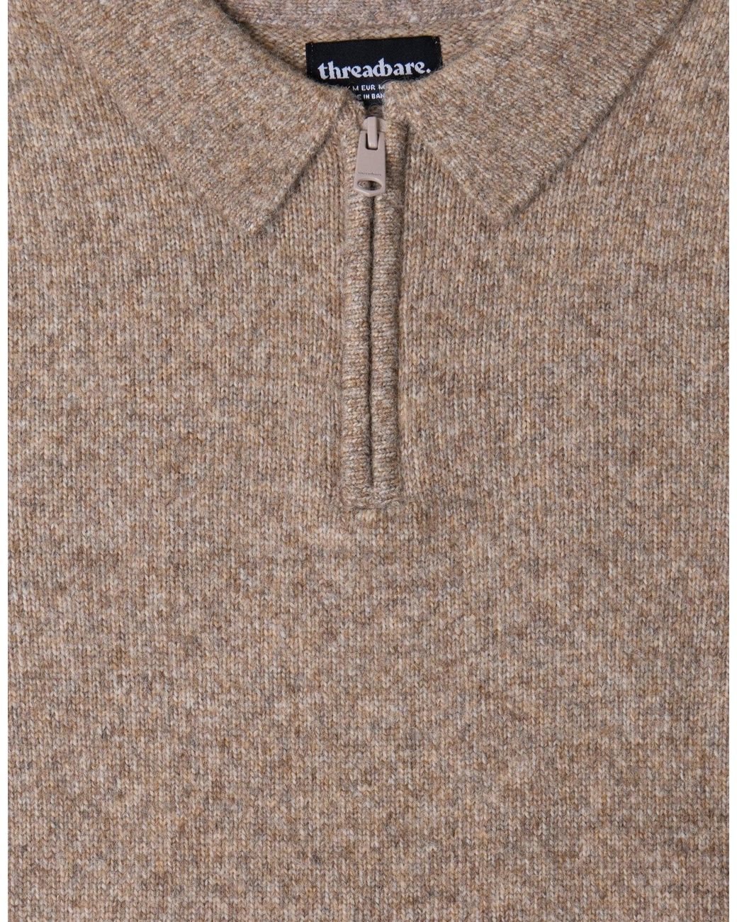 Threadbare Natural Faux Wool Quarter Zip Polo Jumper for men