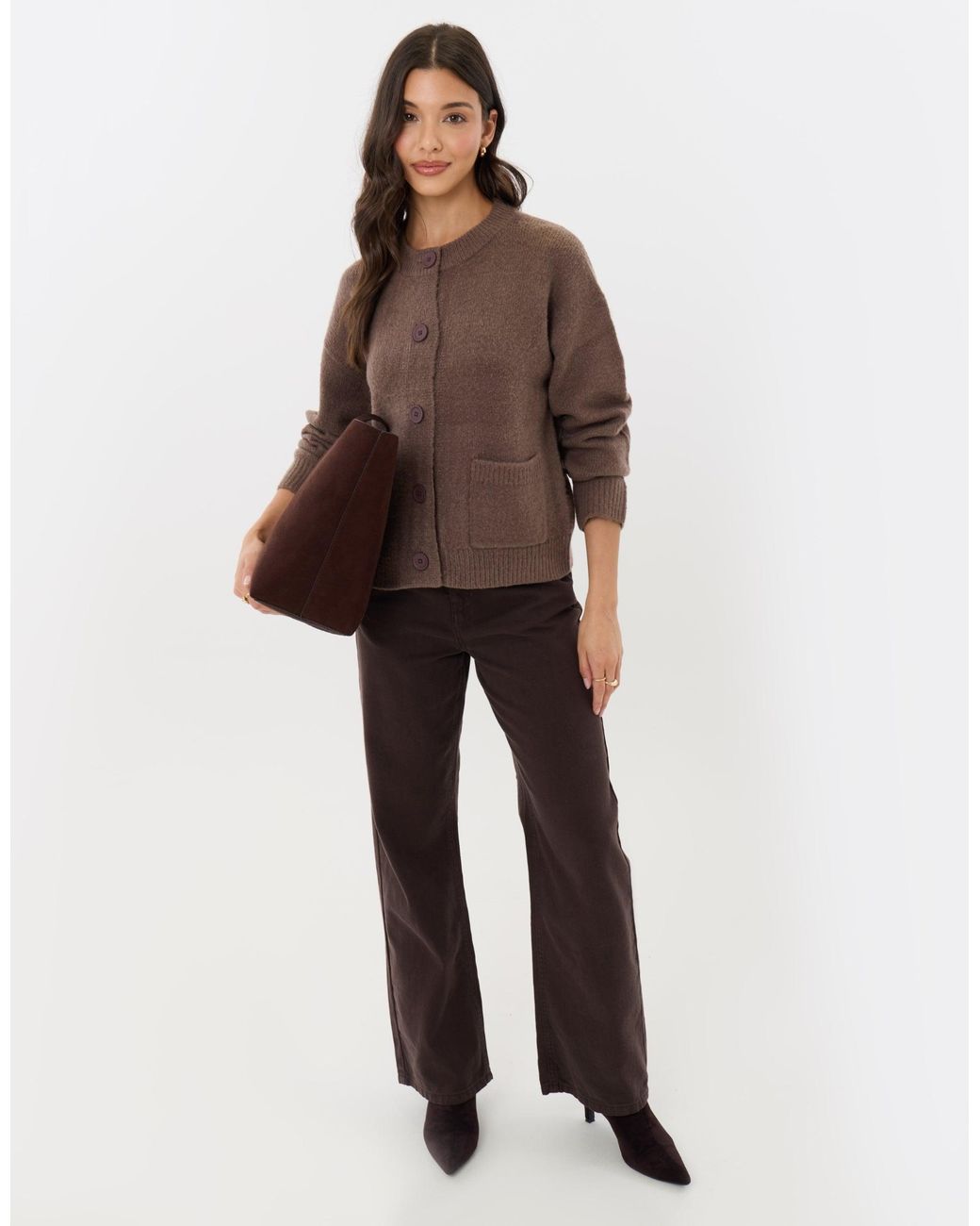 Threadbare Brown Pocket Detail Crew Neck Cardigan