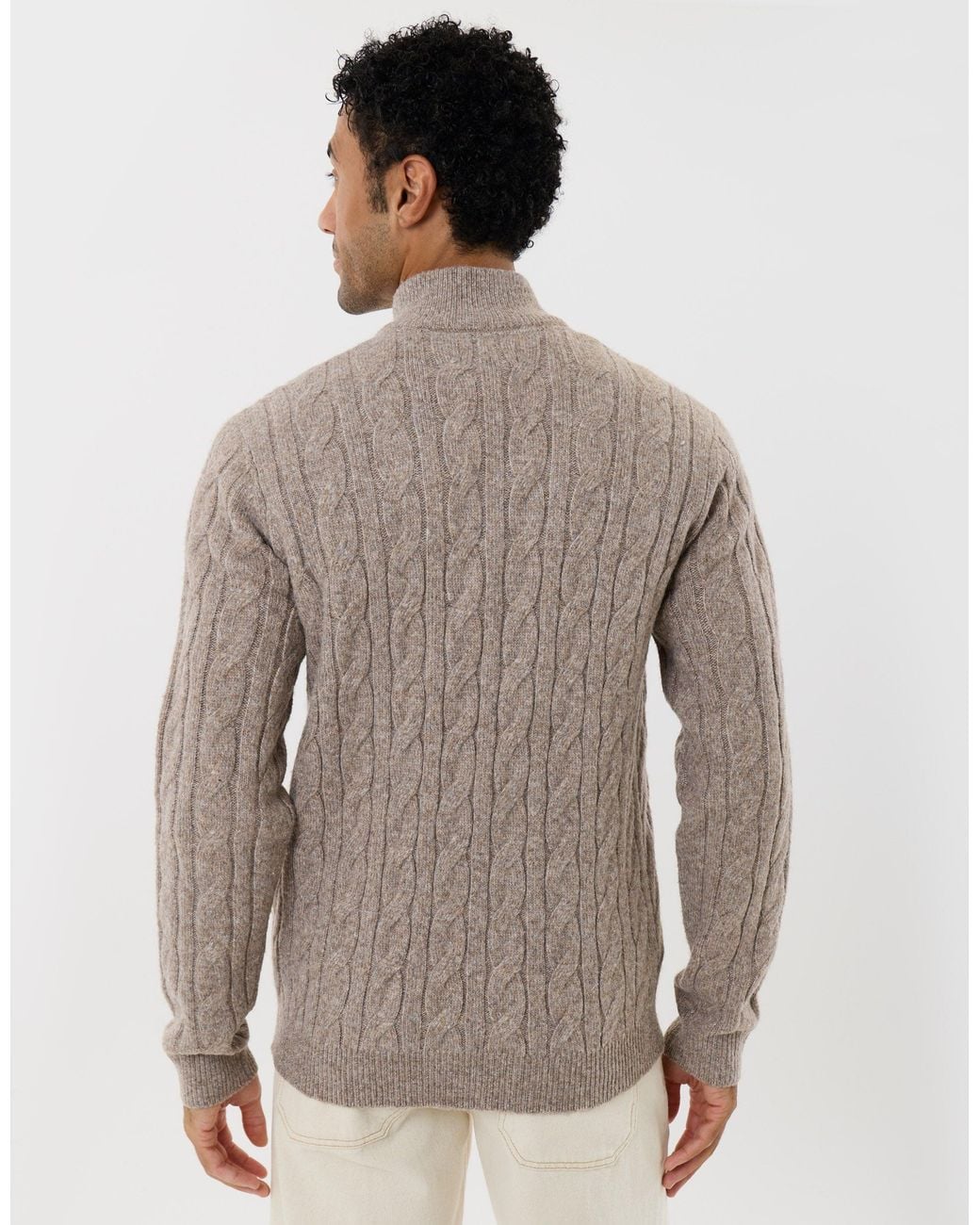 Threadbare Natural Cable Knit Quarter Zip Jumper for men