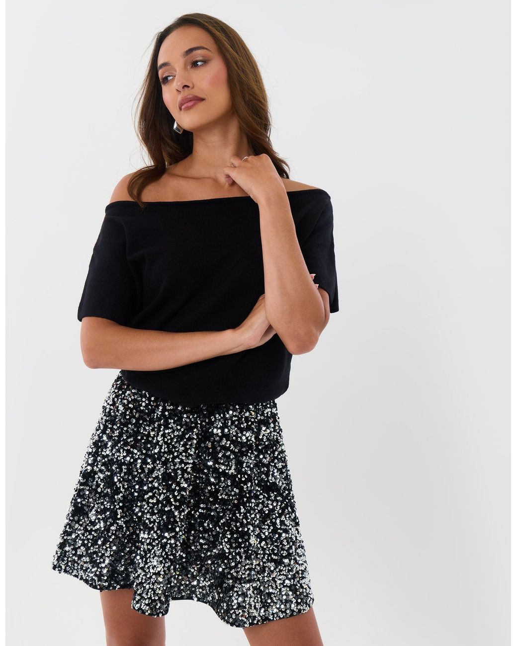 Threadbare Black Sequin Mini Swing Skirt