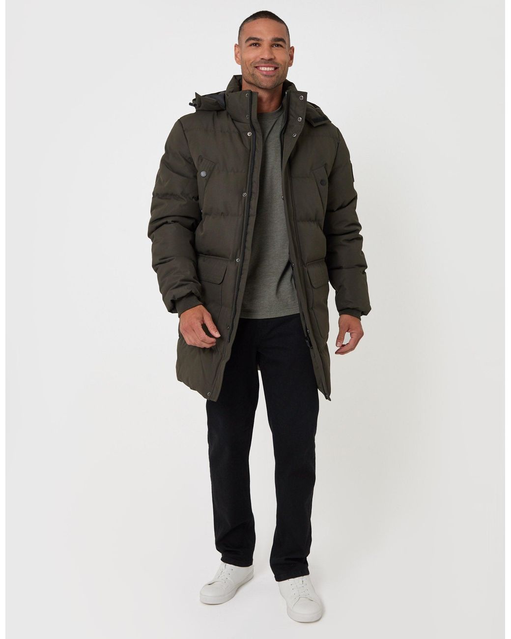Threadbare Gray Showerproof Hooded Puffer Coat With Adjustable Waist for men