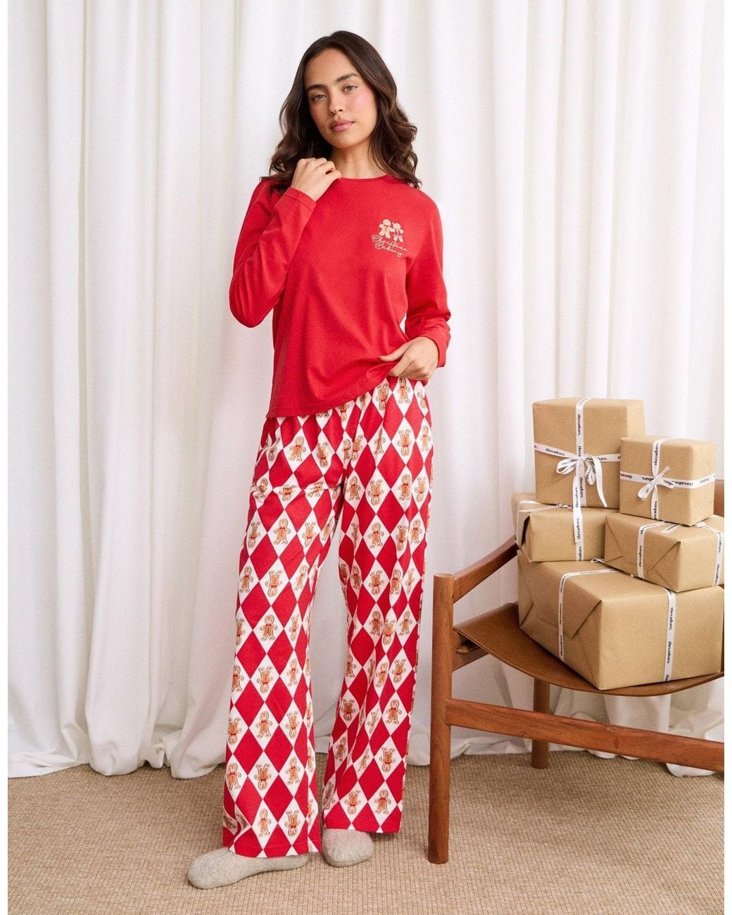 Threadbare Red Cotton Gingerbread Print Christmas Pyjama Set