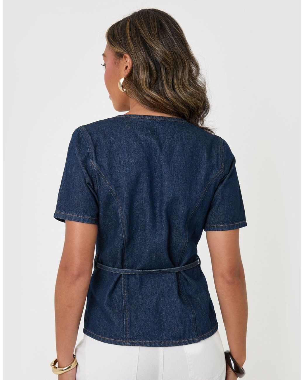 Threadbare Blue Denim Belted Short Sleeve Top