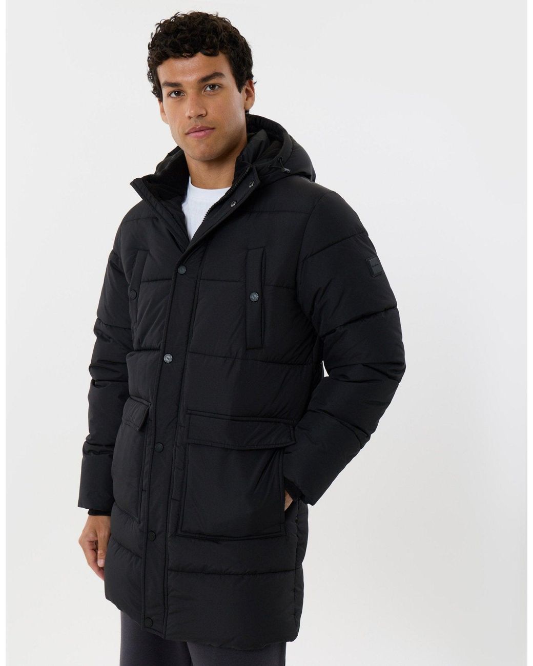 Threadbare Blue Longline Showerproof Puffer Coat With Fleece-Lined Hood for men