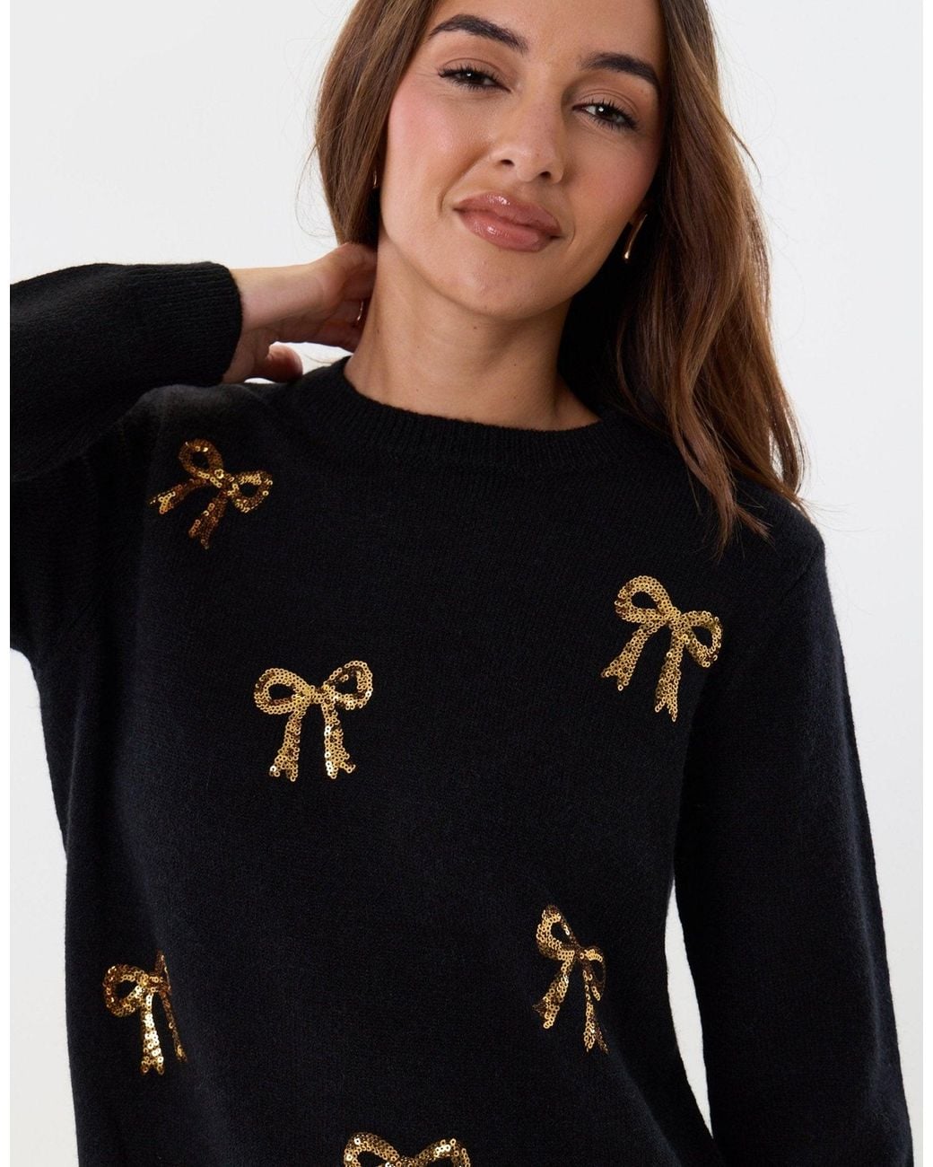 Threadbare Black Bow Embellished Knitted Mini Dress