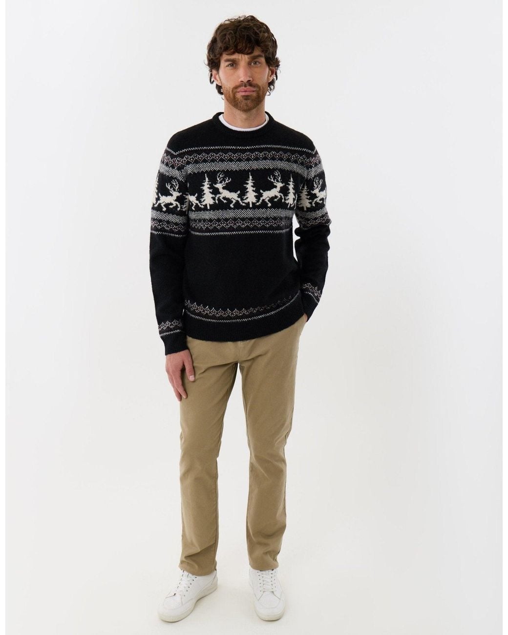 Threadbare Gray Reindeer Forest Fairisle Christmas Jumper for men