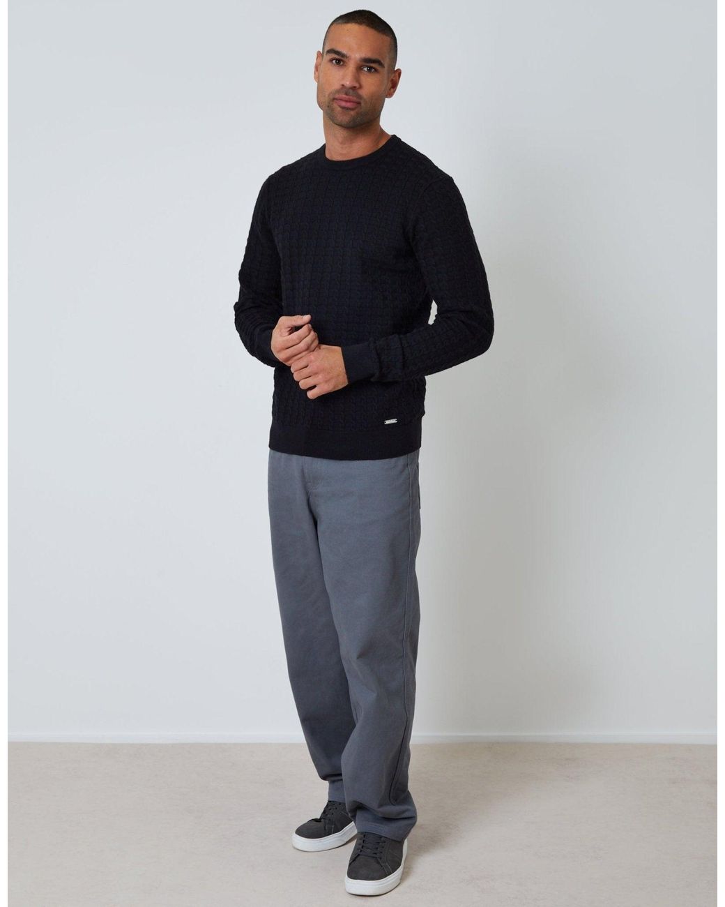 Threadbare Blue Cable Knit Crew Neck Jumper for men