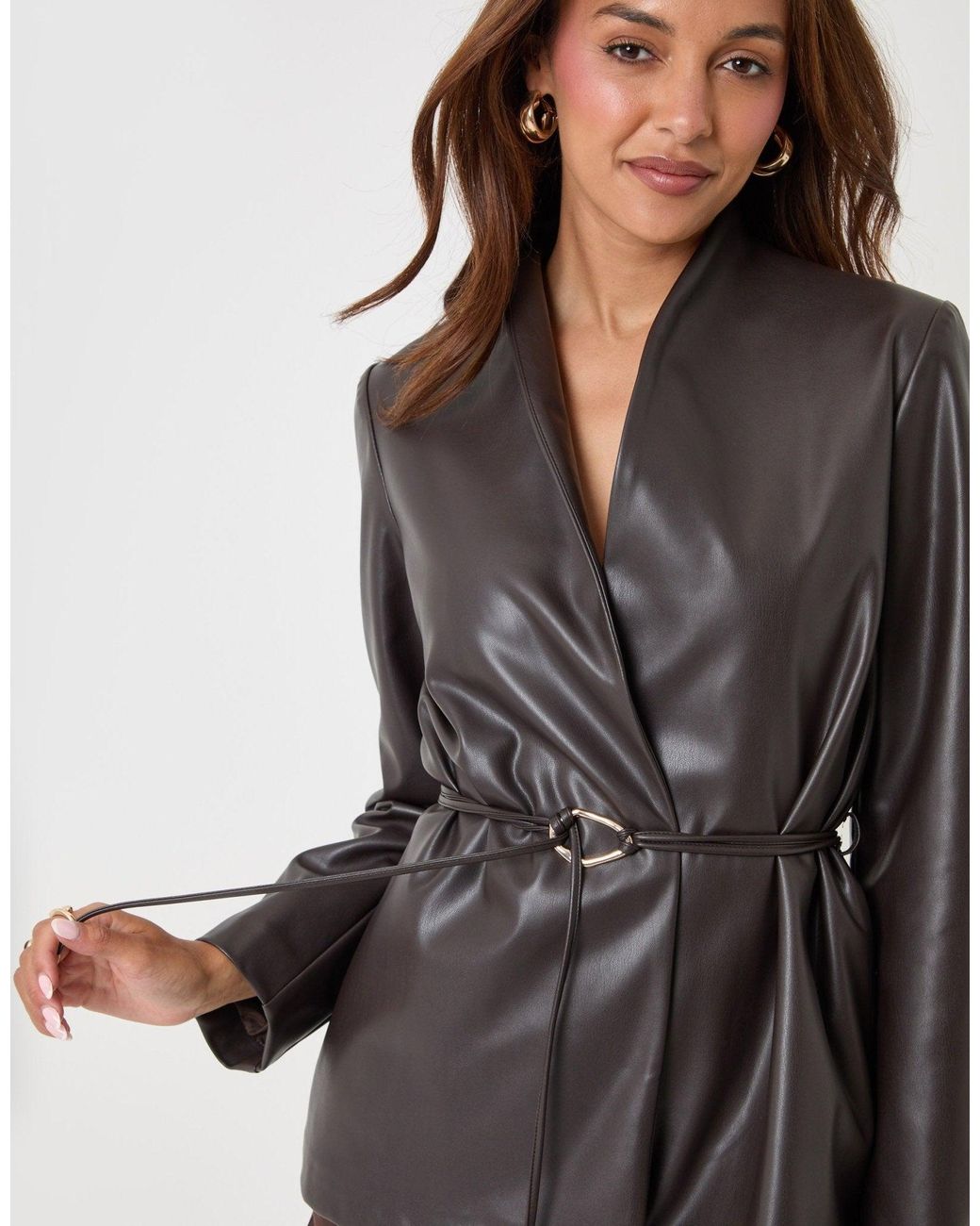 Threadbare Brown Faux Leather Belted Blazer
