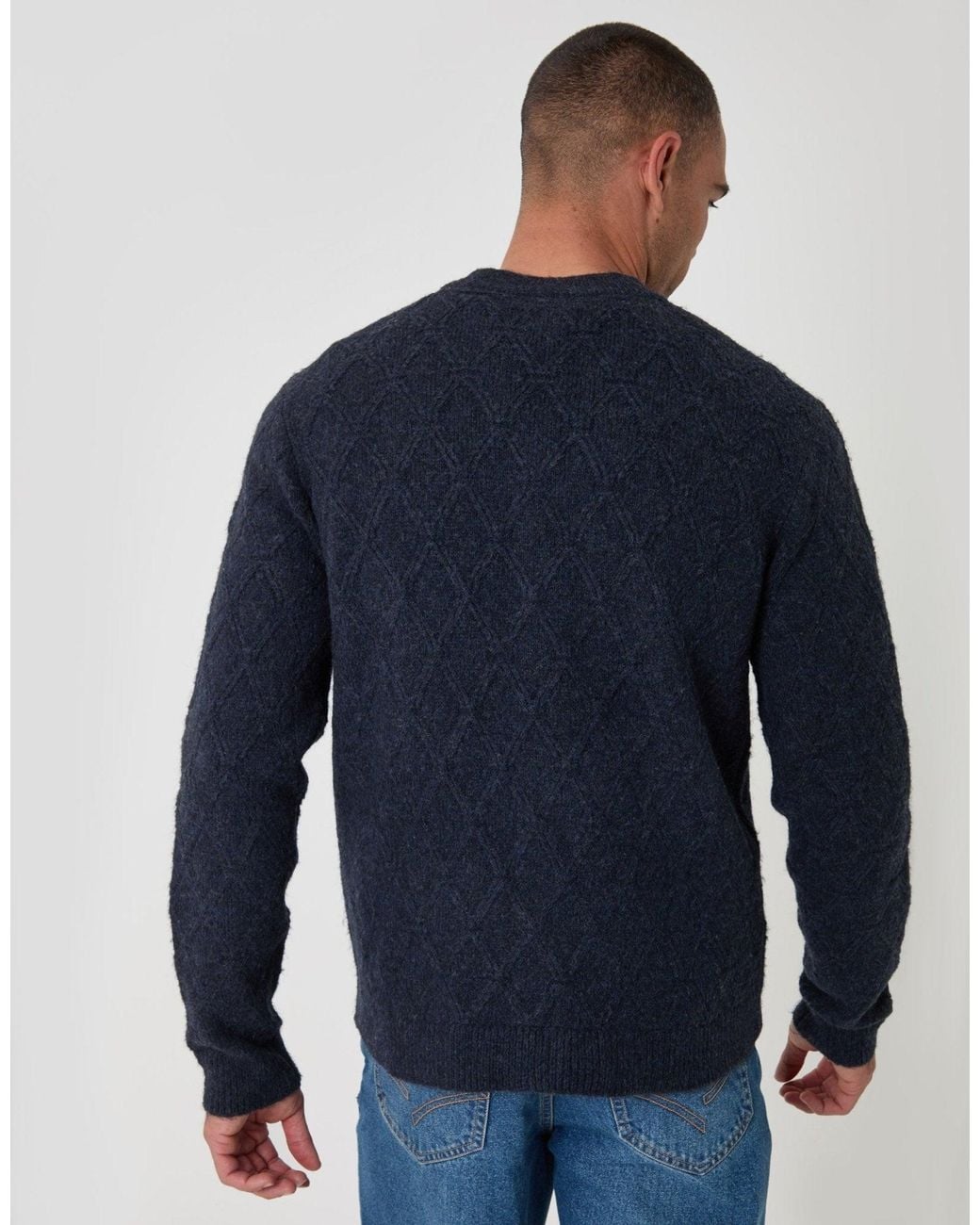 Threadbare Blue Diamond Cable Knit V Neck Cardigan for men