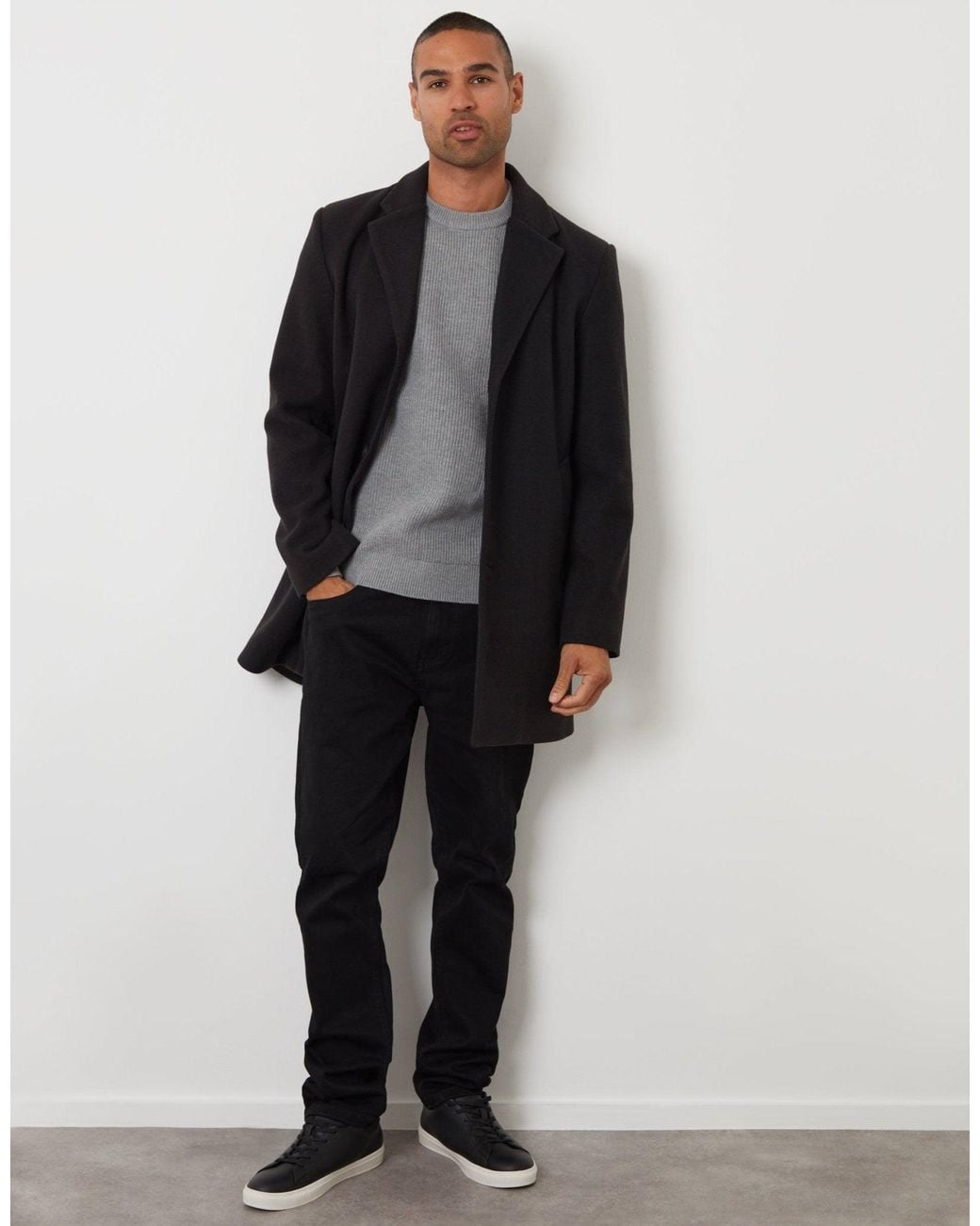 Threadbare Black The Classic Faux Wool Trench Coat for men
