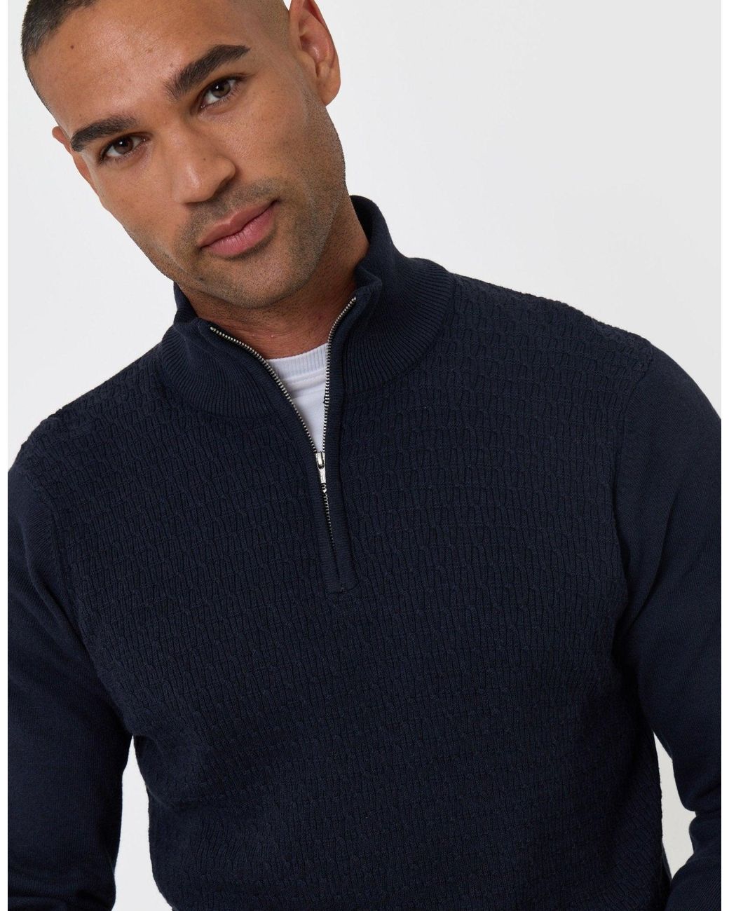 Threadbare Blue Mini Cable Knit Quarter Zip Jumper for men
