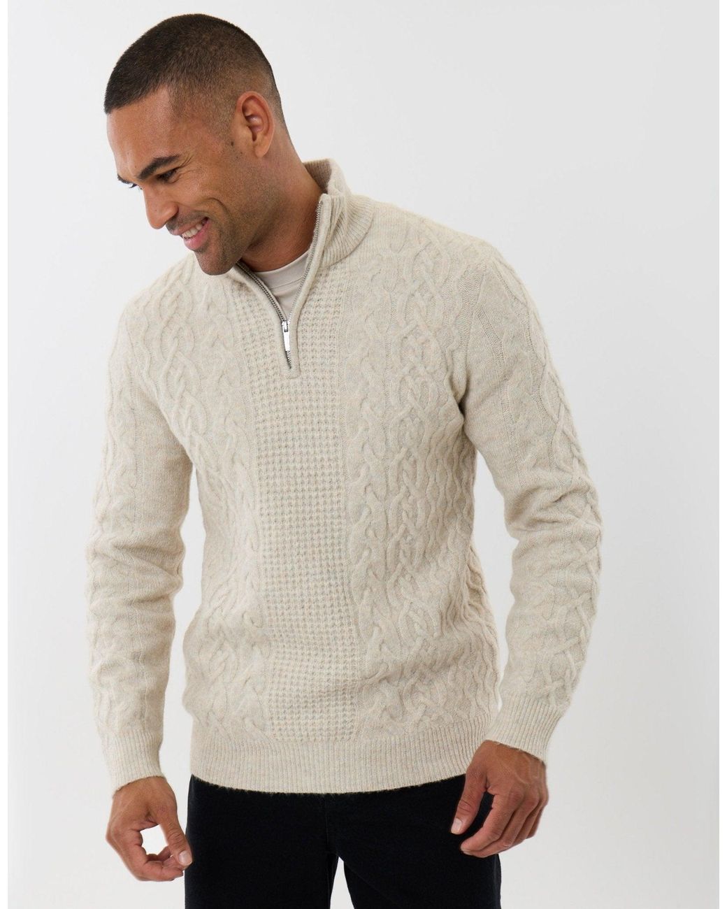 Threadbare Green Cable Knit Quarter Zip Jumper for men