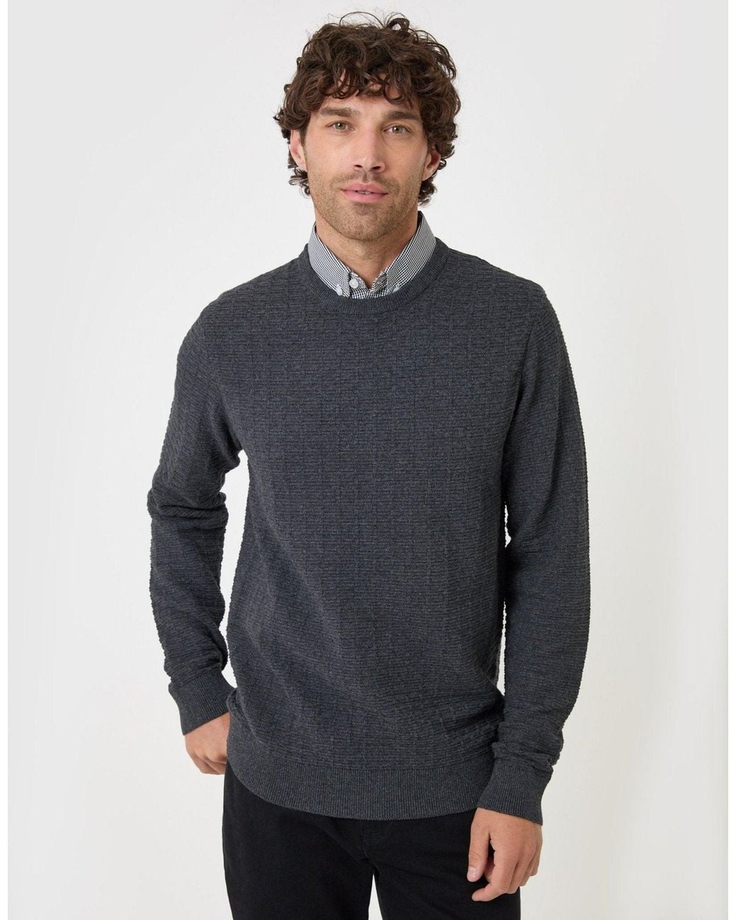 Threadbare Gray Cotton Rich Mock Shirt Crew Neck Jumper for men