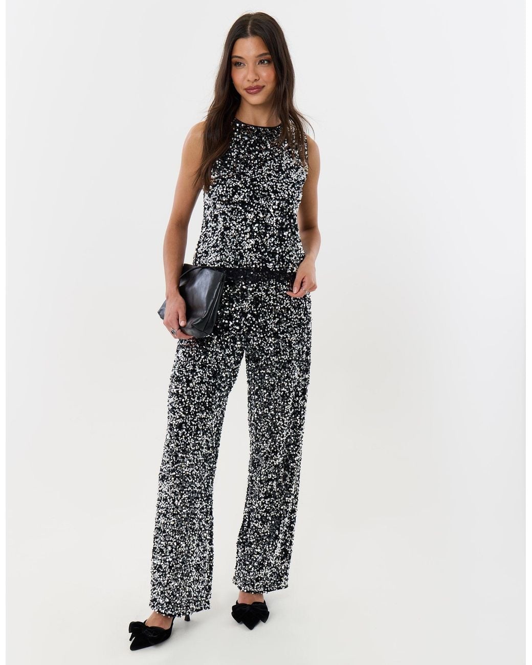 Threadbare Black Sequin Shell Top With Lace Trim