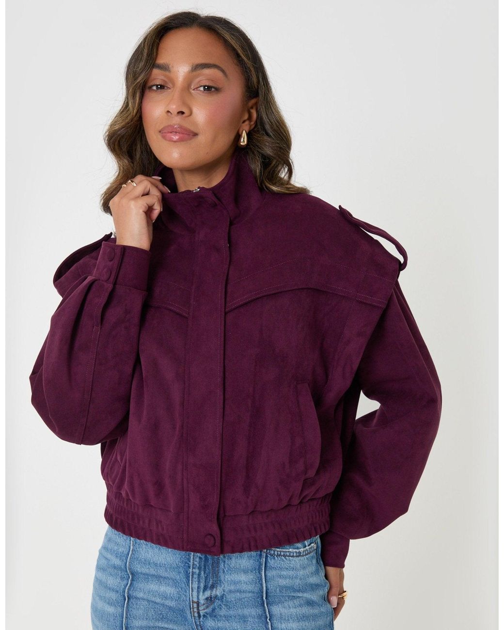 Threadbare Purple Faux Suede Cape Shoulder Bomber Jacket