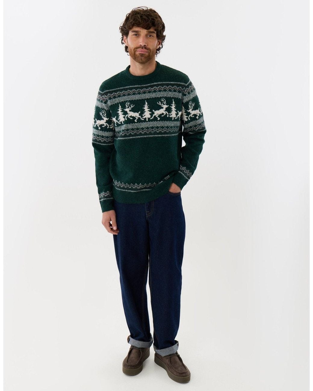 Threadbare Green Reindeer Forest Fairisle Christmas Jumper for men