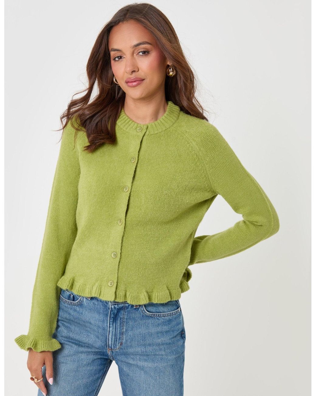 Threadbare Green Crew Neck Ruffle Cardigan