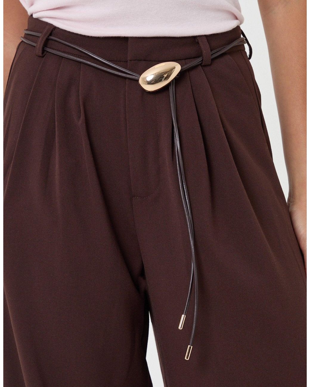 Threadbare Brown Pleated Wide Leg Trousers With Faux Leather Belt