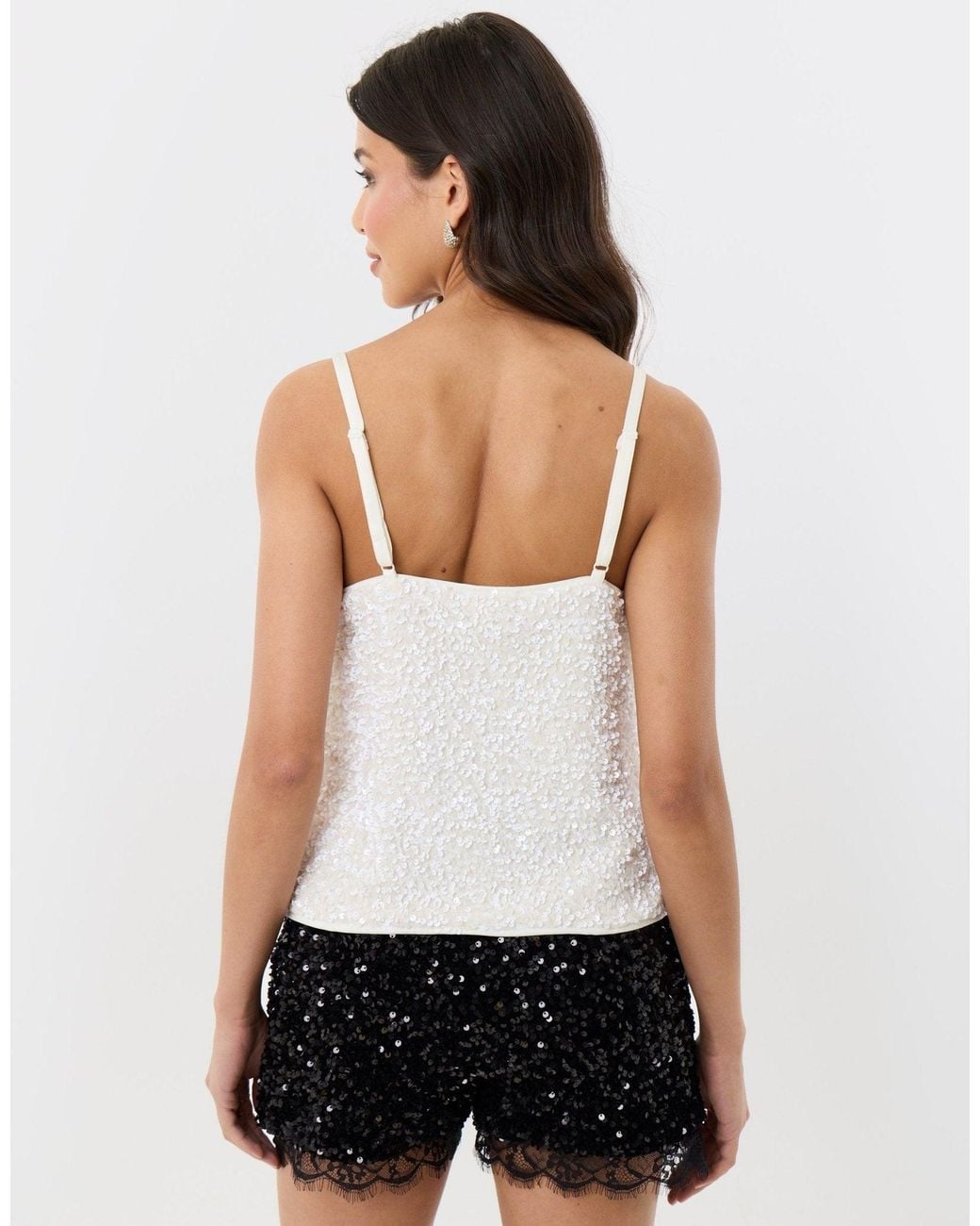 Threadbare White Sequin Cami With Lace Trim