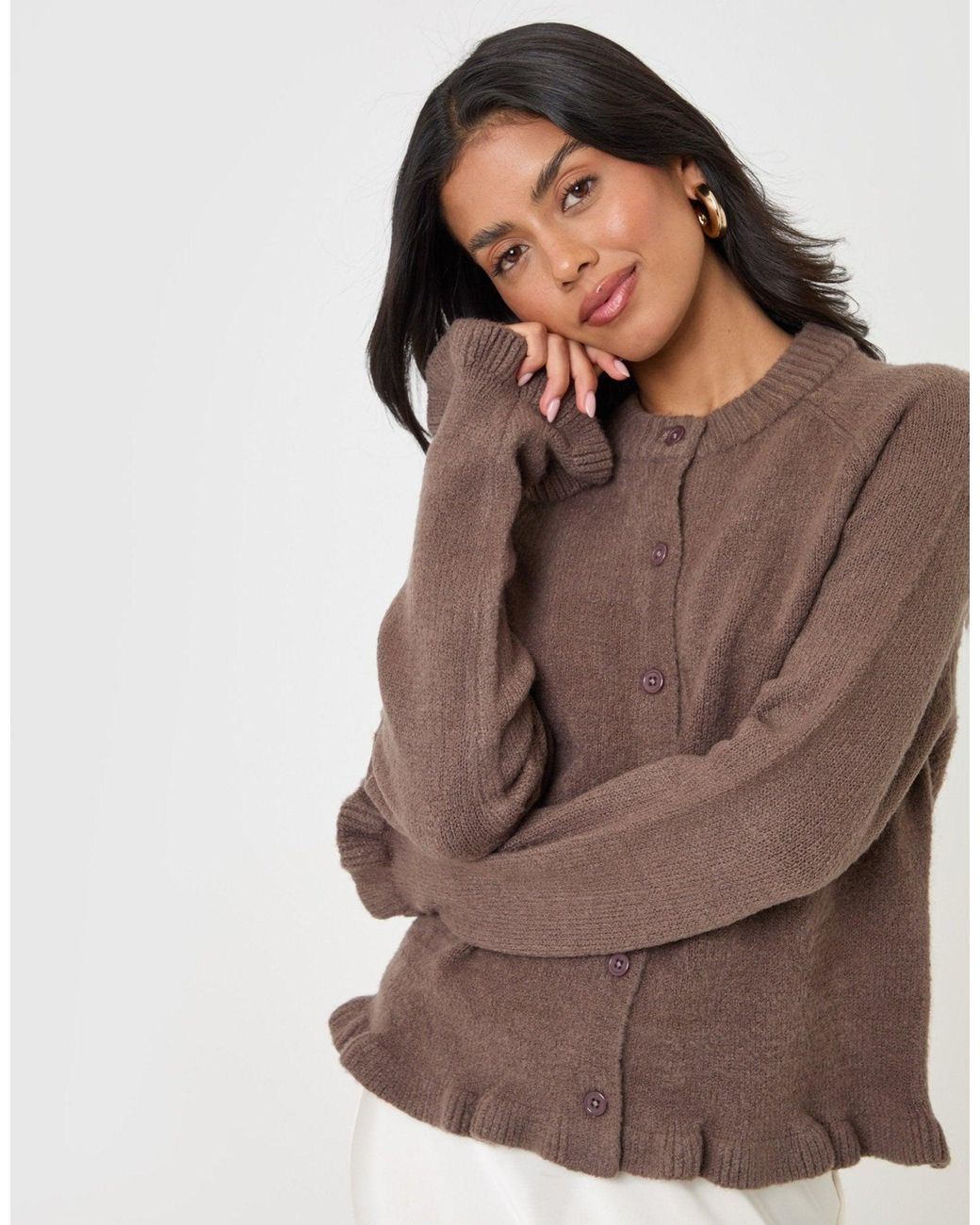 Threadbare Brown Crew Neck Ruffle Cardigan