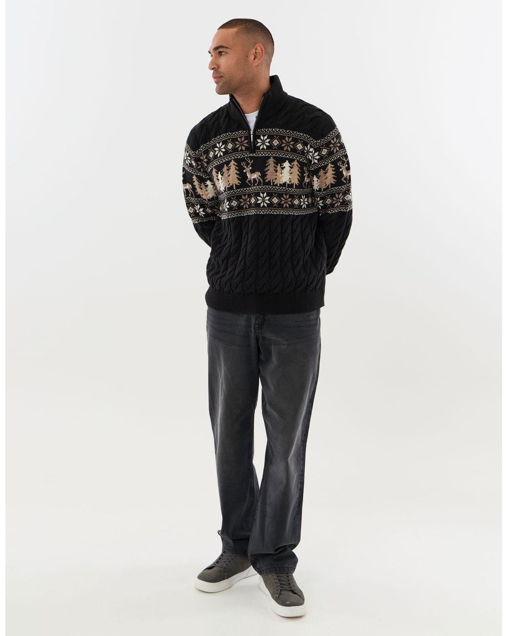 Threadbare Black Reindeer Forest Fairisle Quarter Zip Christmas Jumper for men